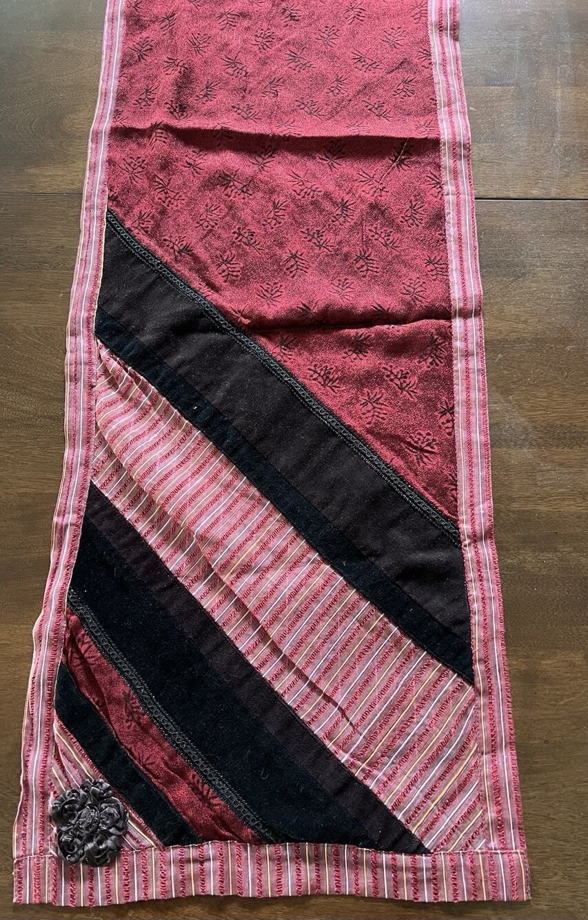 Vtg April Cornell Table Runner 13x65 Boho Patchwork Stripe Rayon Sparkle Rosette